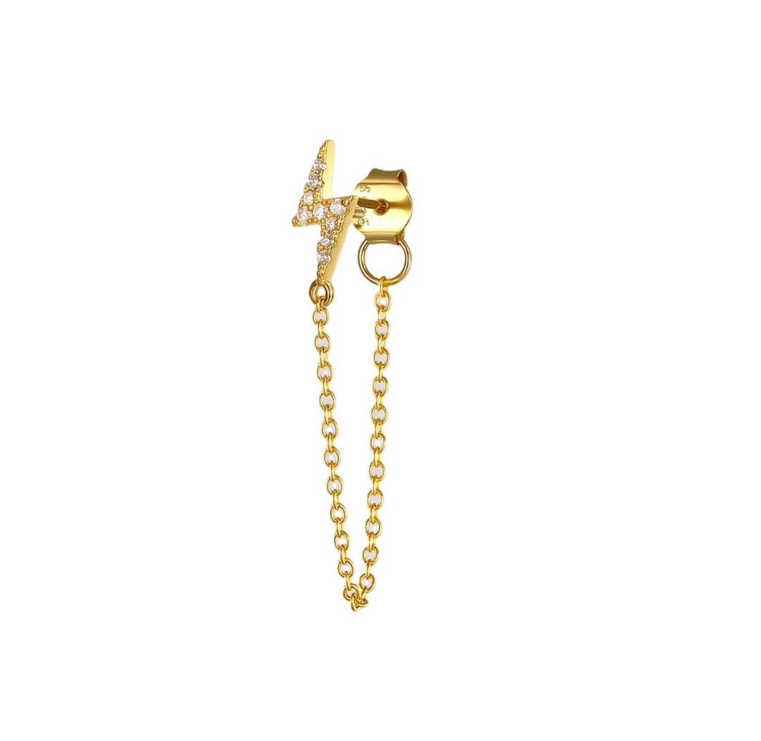 Gold Coloured Cubic Zircon Lightning Bolt with Chain Ear Stud
