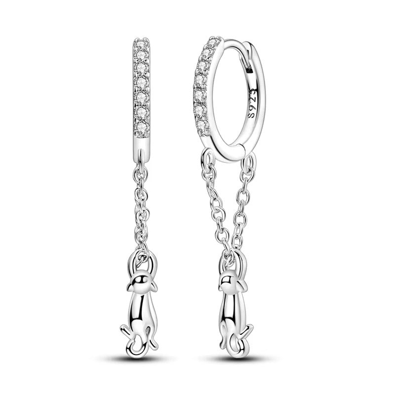 Sterling Silver Dangling Cat CZ Hoop Clicker Earrings