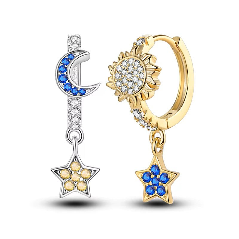 Sterling Silver Moon and Stars Drop CZ Clicker Hoop
