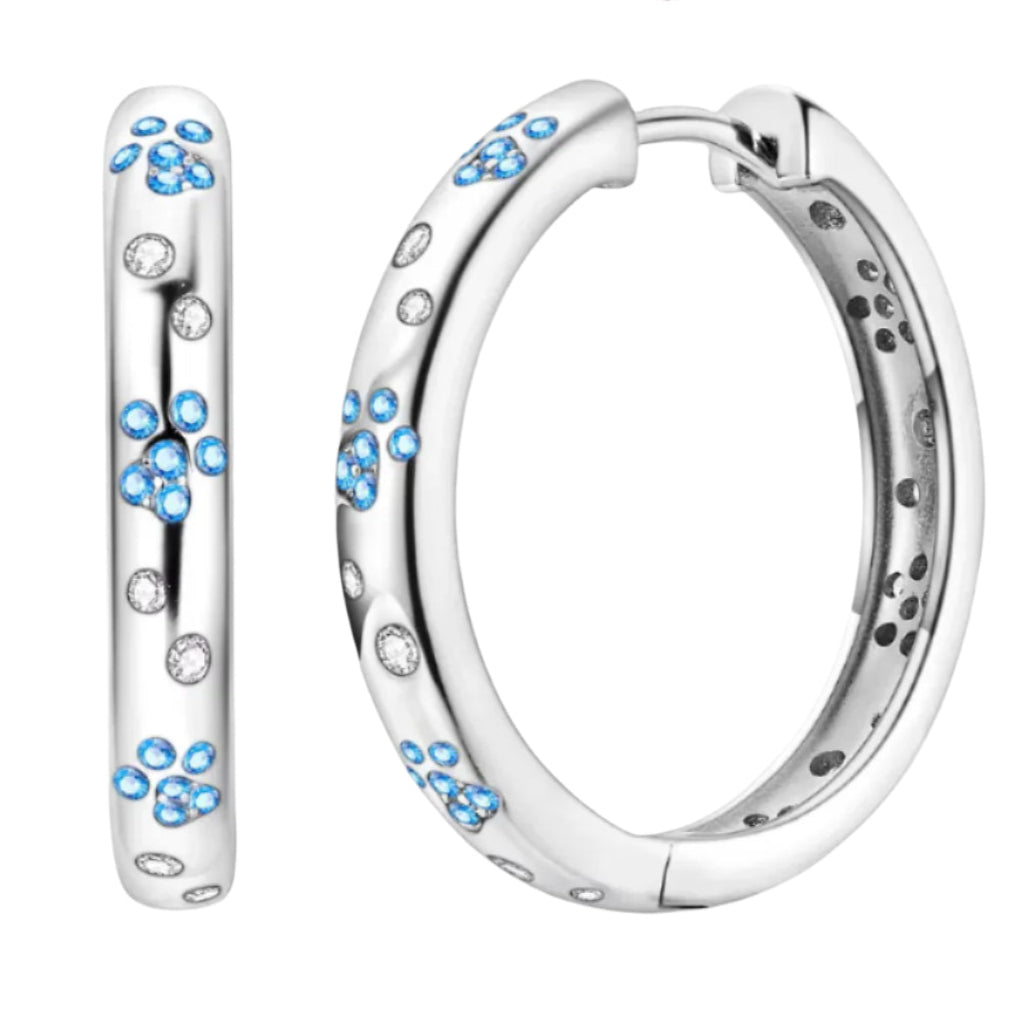 Sterling Silver Paw Print Clicker Hoop Earrings
