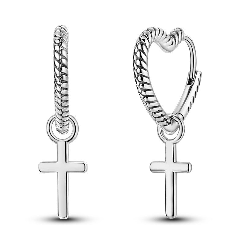Sterling Silver Heart and Cross Clicker Hoop Earrings