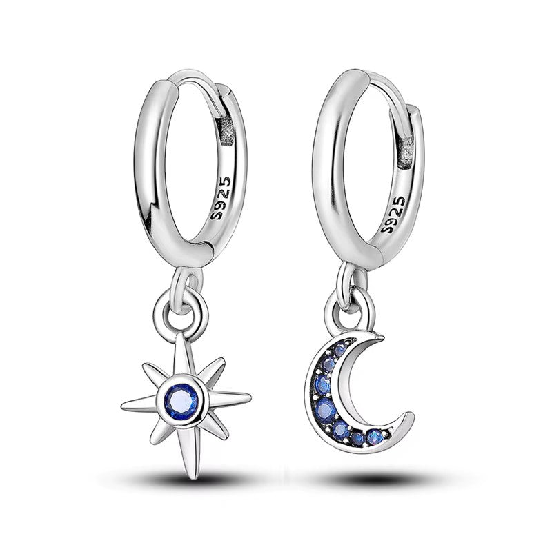 Sterling Silver North Star and Crescent Moon CZ Clicker Hoop