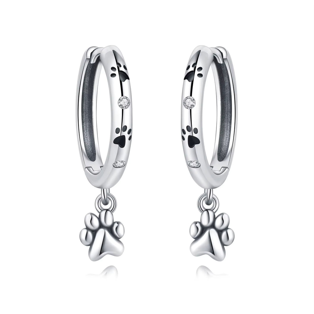 Sterling Silver Paw Print Drop Clicker hoop Earrings