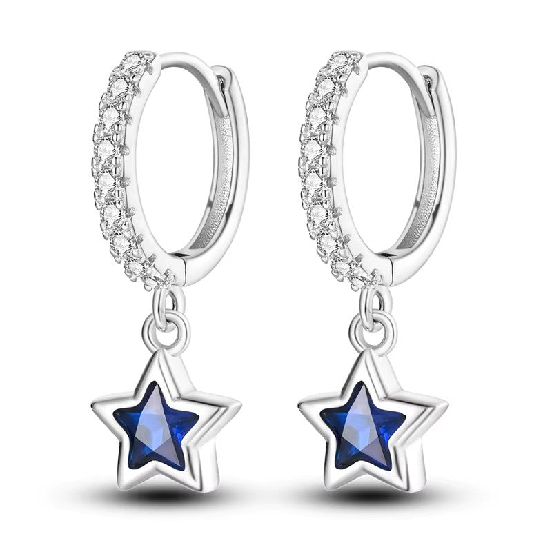 Sterling silver shimmering CZ Blue star Clicker Hoops