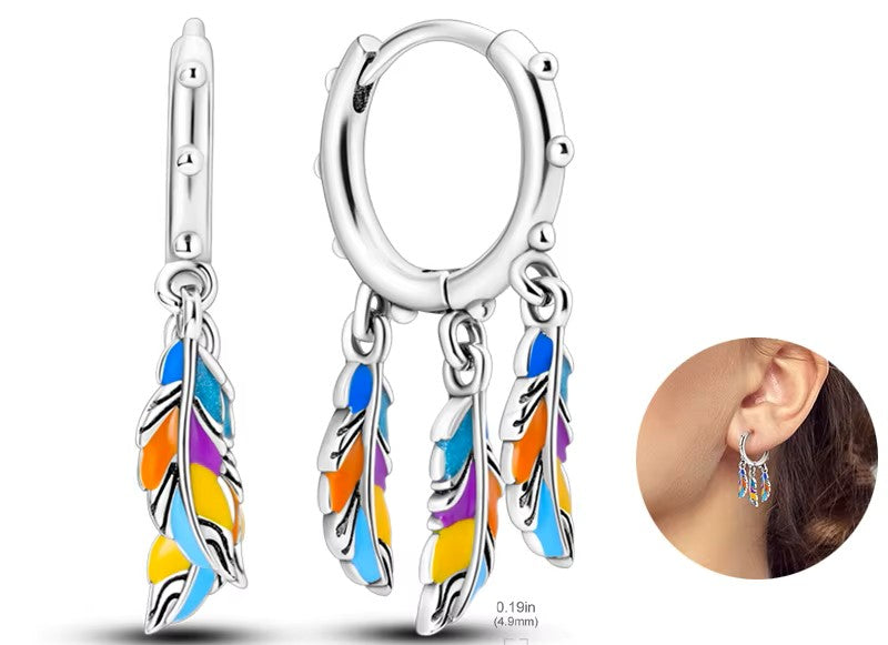 Sterling Silver Colored Feathers Clicker Drop Hoop Earrings