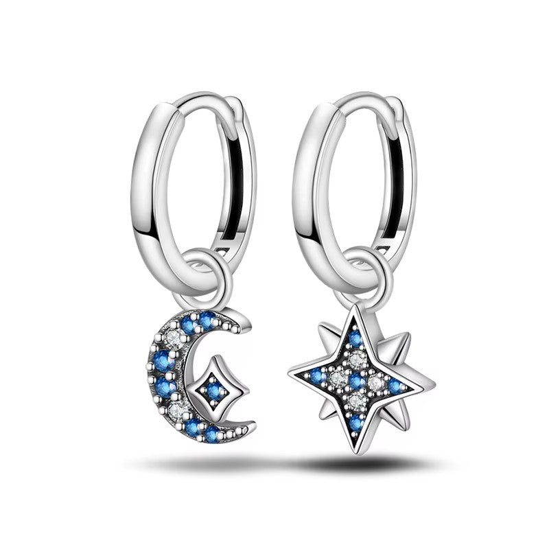 Sterling Silver Orbiting Moon and Star Clicker Hoops