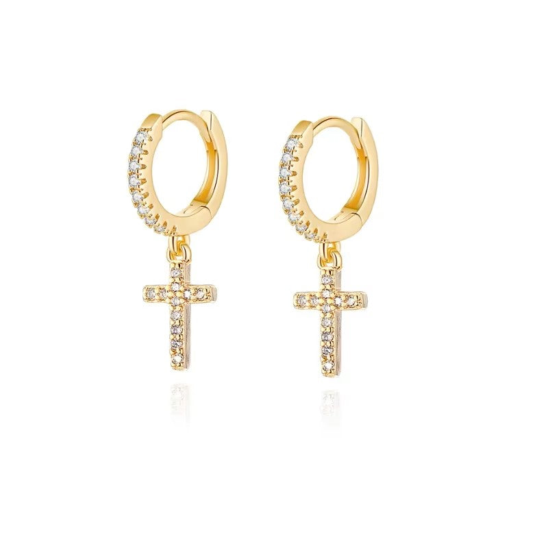 Gold Plated CZ Cros Hoop Earrings