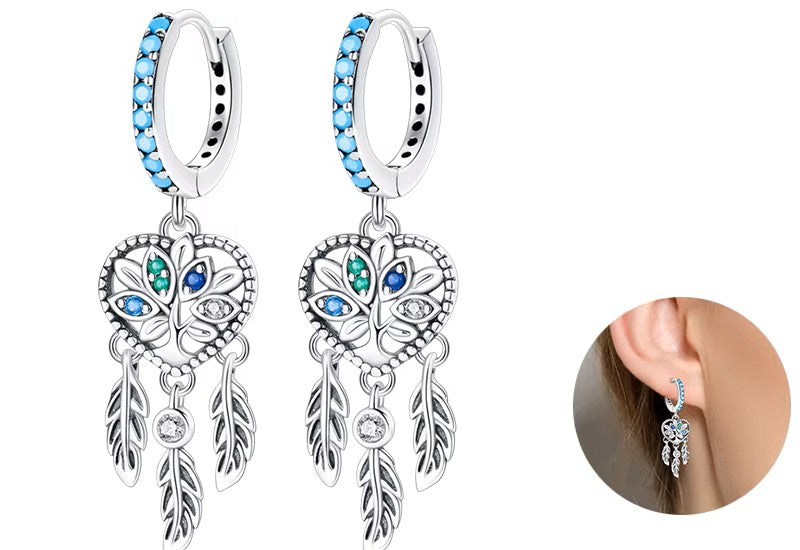Sterling Silver Heart Tree and Feathers Turquoise Clicker Drop Earrings