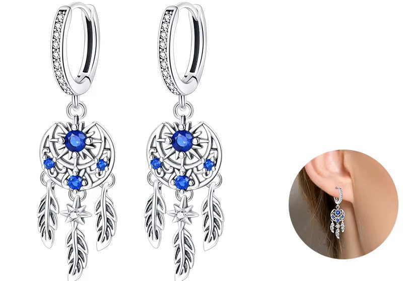 Sterling Silver Deep Blue Crescent 'n' Star Feather Drop Hoop Earrings