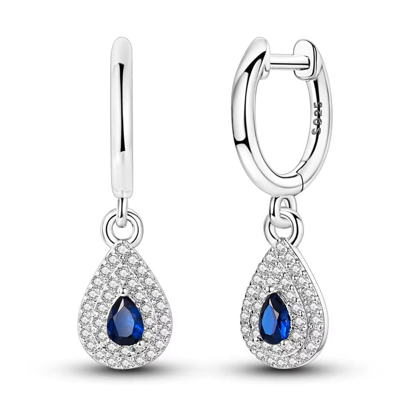 Sterling Silver Blue Teardrop Clicker CZ Hoop