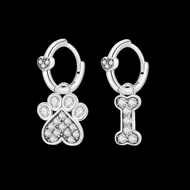 Sterling Silver Paw heart and Bone Cz Hoop Drop Earrings