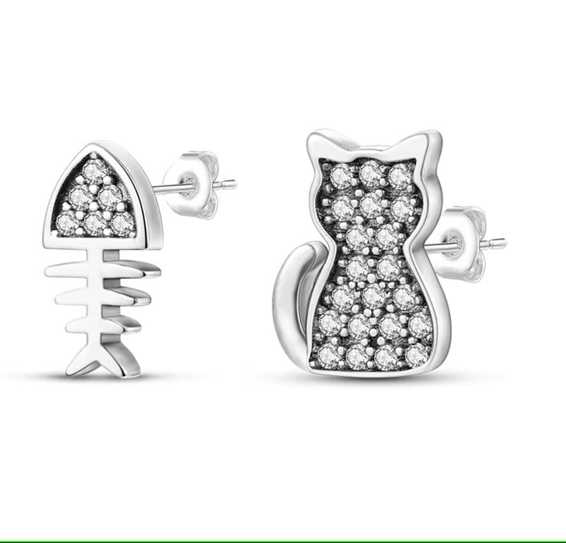 Sterling Silver CZ Kitty and Fishbone Stud