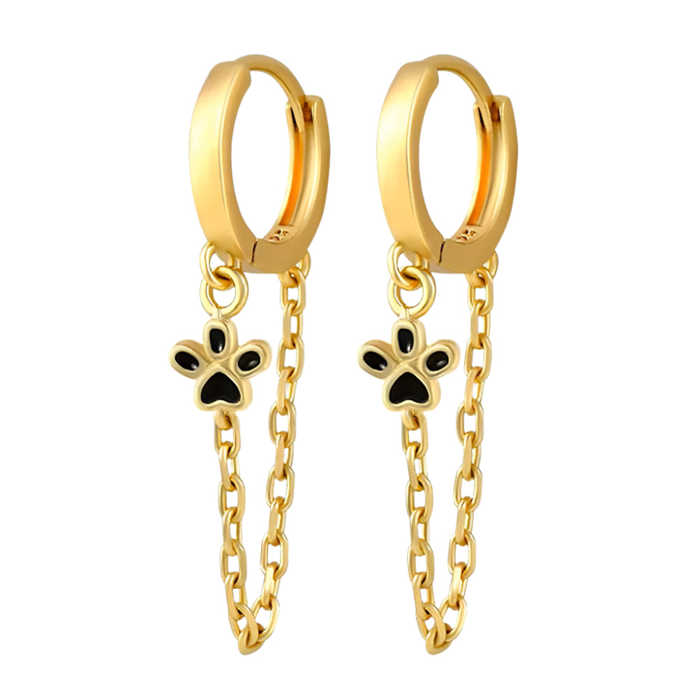 Sterling Silver Paw Print chain link Clicker Hoop Earrings