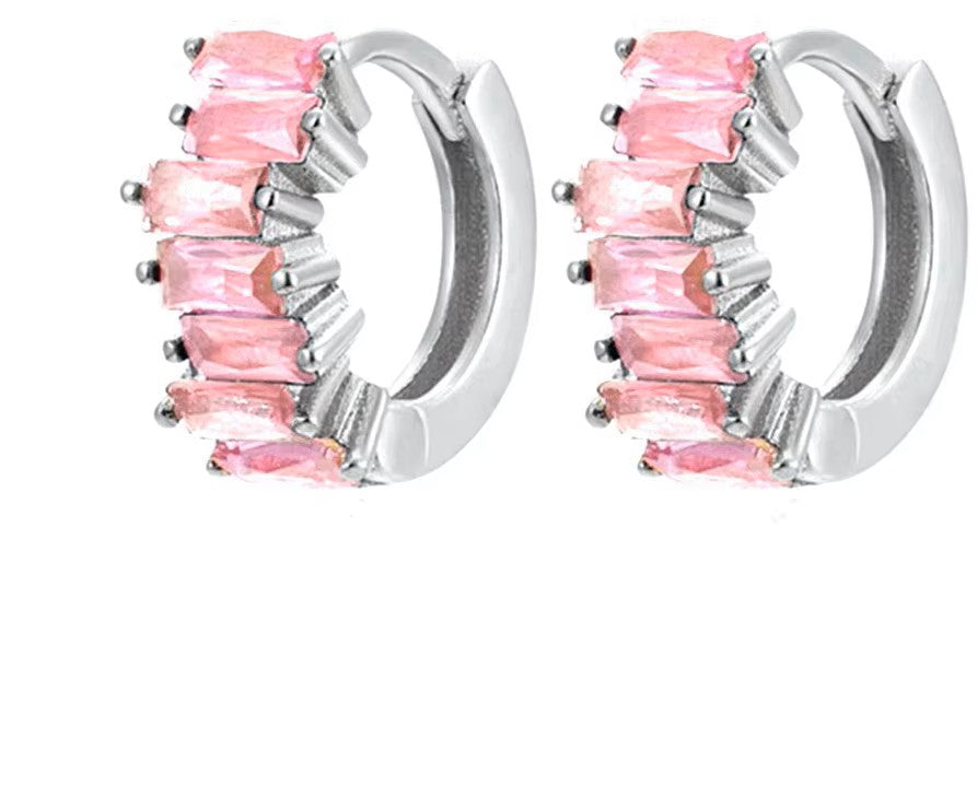 Sterling Silver Square Cut Pink CZ Clicker Hoop Earrings