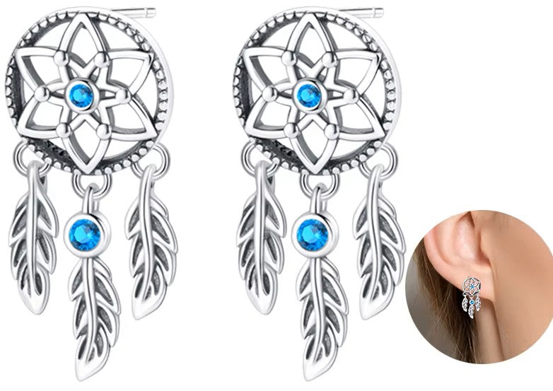 Sterling Silver Blue Dream Catcher Drop Feather Ear Studs