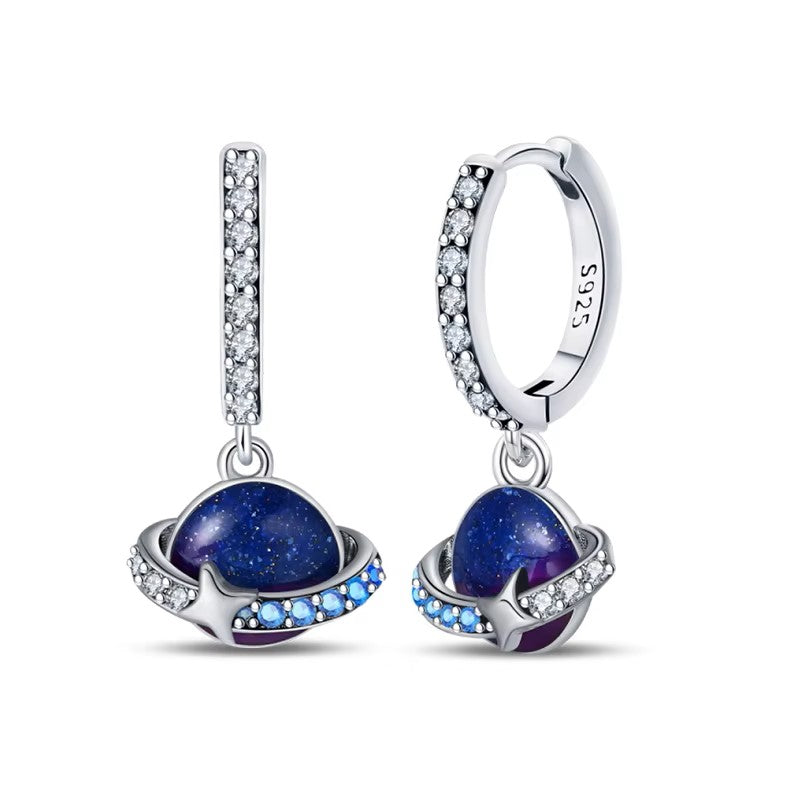 Sterling Silver Saturn System CZ Clicker Hoop Earring