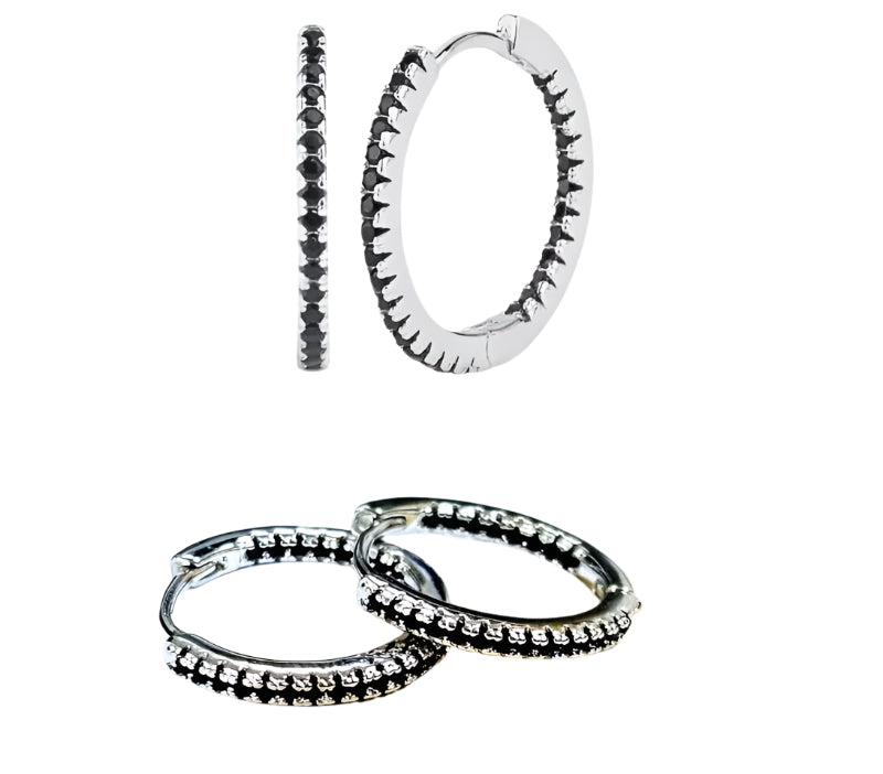 Sterling silver Black CZ Ribbed Clicker Hoops