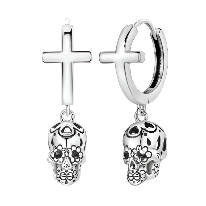Sterling Silver Gothic Cross and Skull Clicker Hoop