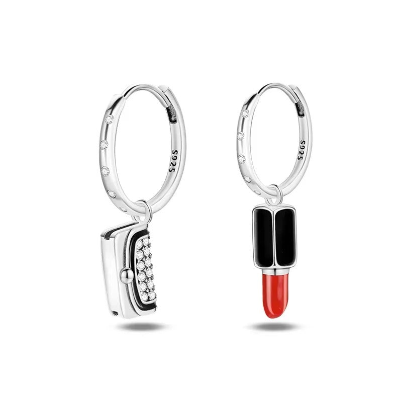 Sterling Silver CZ Lipstick and Purse Hoop drop Clicker earrings.