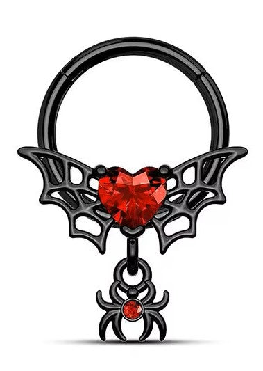 Stainless Steel Black Winged Red Heart Drop Spider Clicker Hoop