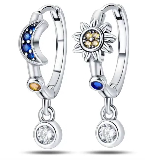 Sterling Silver Moon and Sun CZ Clicker Hoop