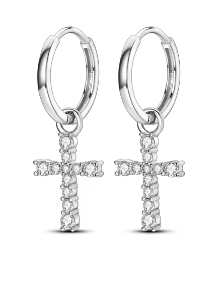 Sterling silver CZ Cross Drop Hoop Earrings