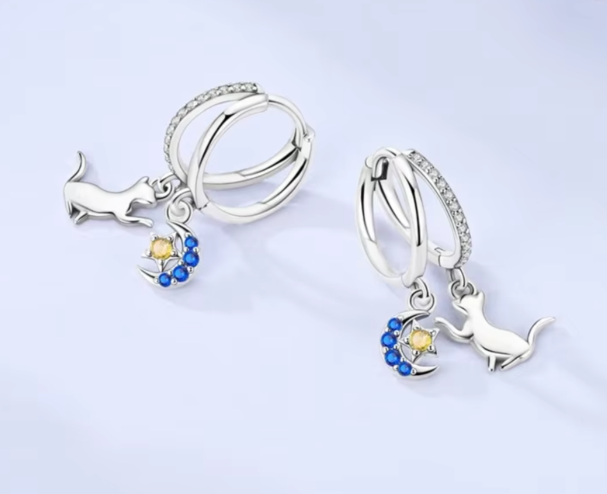 Sterling Silver Cat and Moon CZ Clicker Hoop Earrings