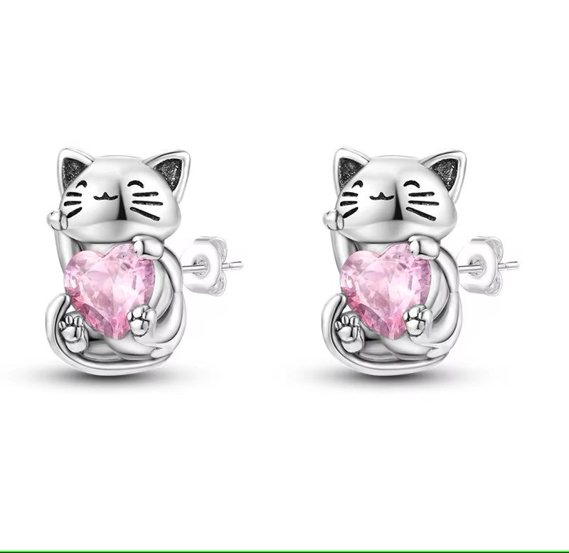 Sterling Silver Kitty Cat Stud with Pink Cz Heart Stud.