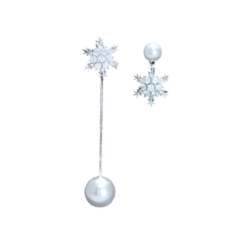 Elegant Asymmetric Pearl Dangle Earrings Luxury Crystal Snowflake Drop Earrings