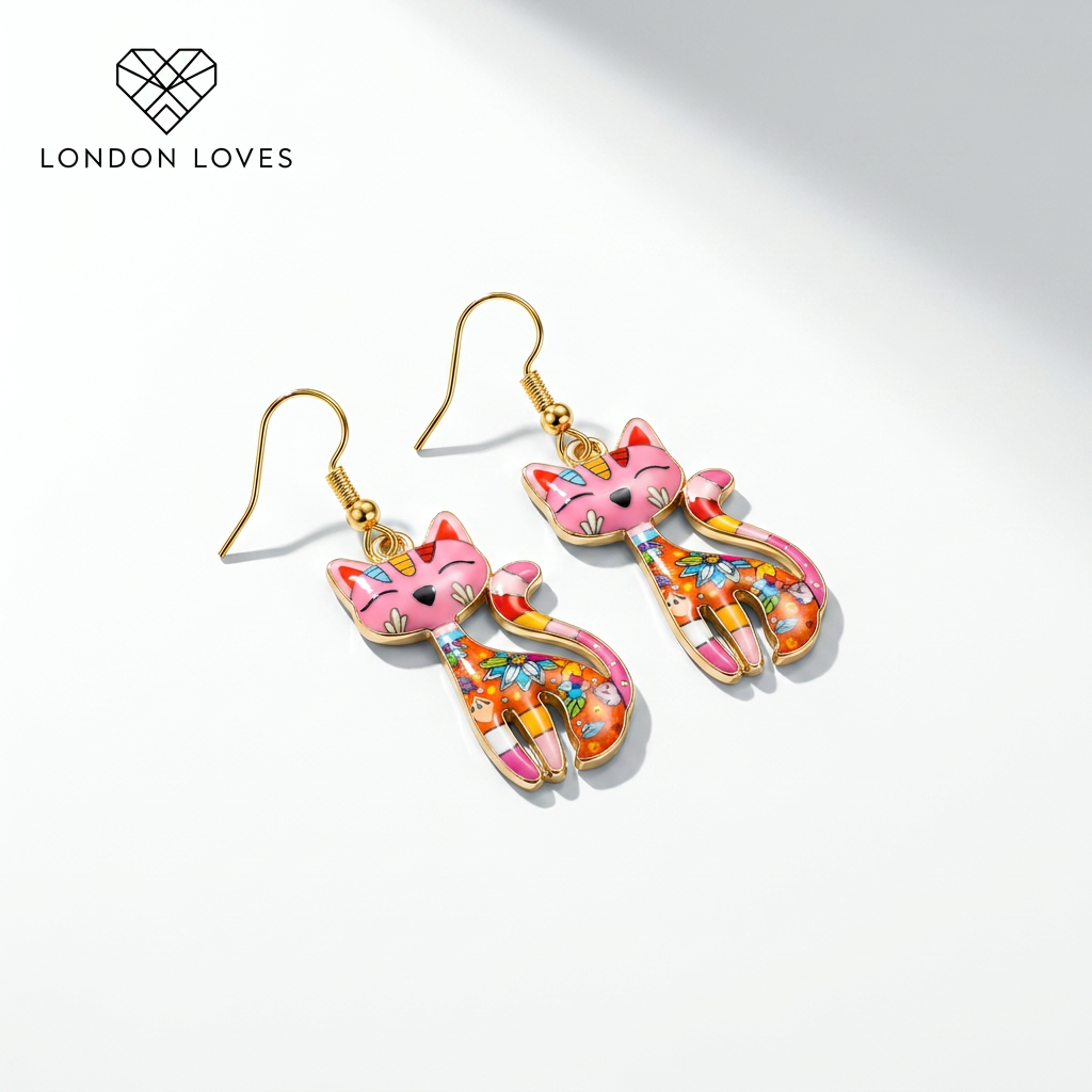 Colourful Cat Drop Earrings