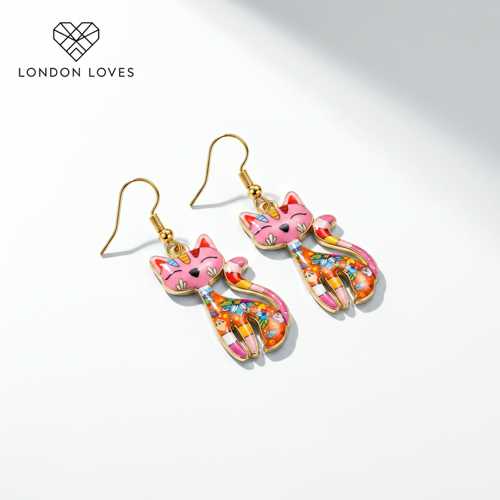 Colourful Cat Drop Earrings