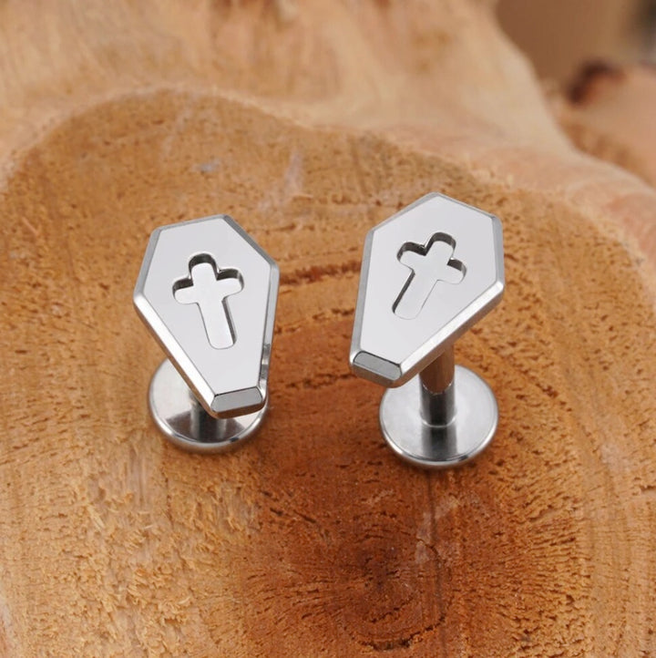 Gothic Coffin Cross Labret Stud