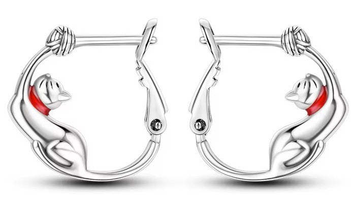 Sterling Silver Cat Play Clicker hoop Earrings