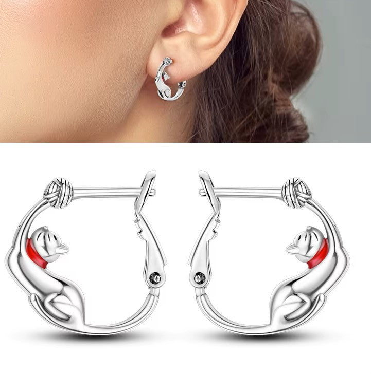 Sterling Silver Cat Play Clicker hoop Earrings
