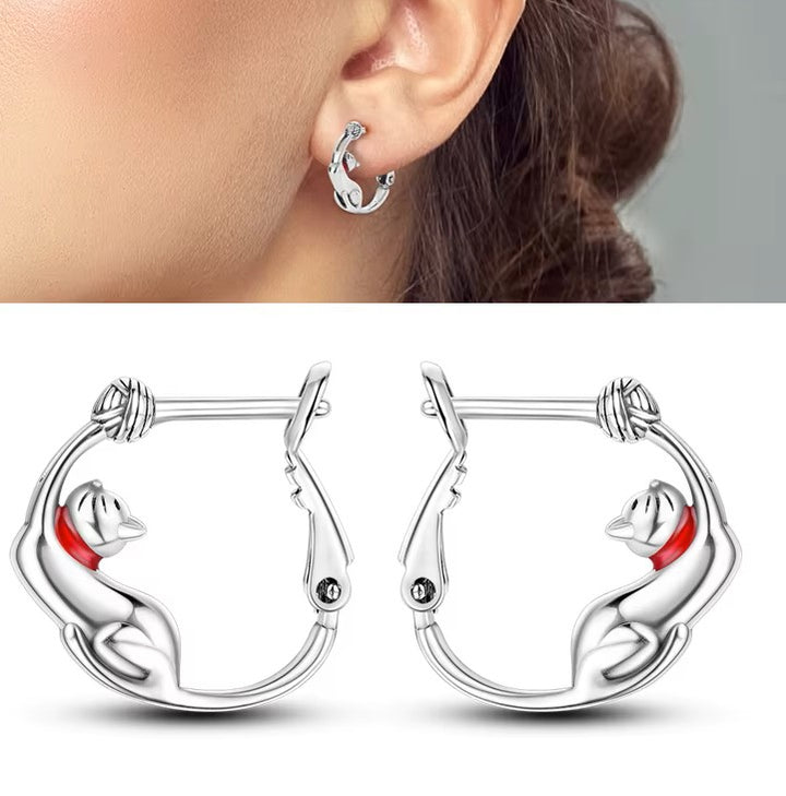 Sterling Silver Cat Play Clicker hoop Earrings