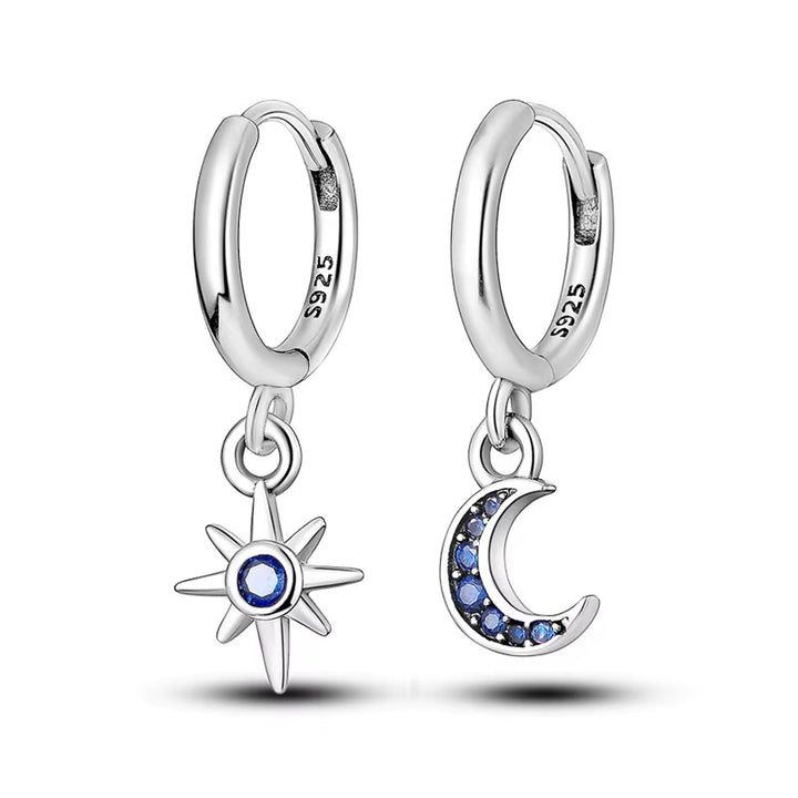 Sterling Silver North Star and Crescent Moon CZ Clicker Hoop