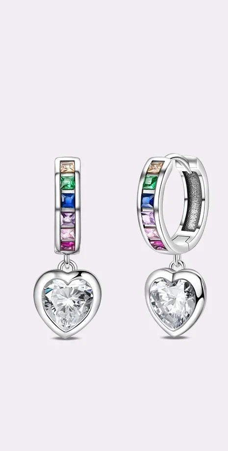 Sterling Silver Rainbow CZ Drop Heart Clicker Hoop Earrings