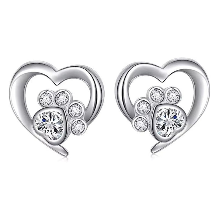 Paw Print CZ Heart ear Studs