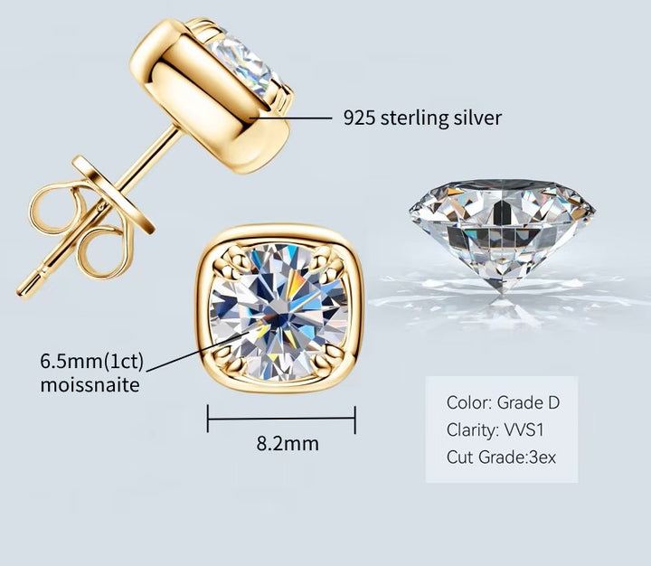 Sterling Silver  Square Moissanite 1.0 Ct. colour D Stone Ear Stud