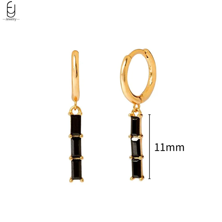 Black Crystal Square Cut Pendant Clicker Gold Plated Earrings