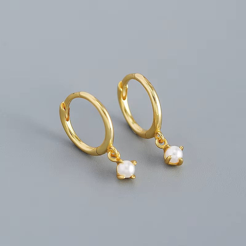 Sterling Silver Faux Pearl Drop   Ear Clicker Hoops