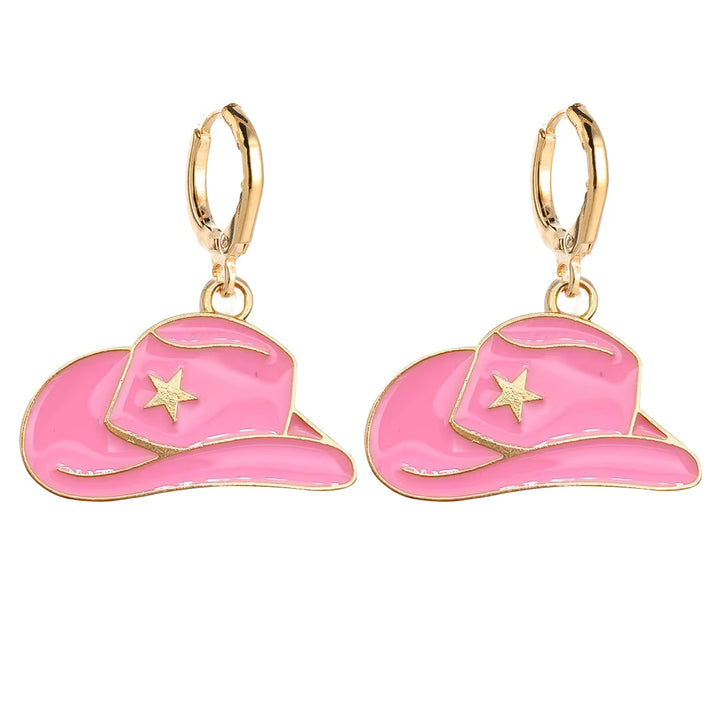 Stainless Steel Gold  Cowgirl Hat Drop Hoop Earrings