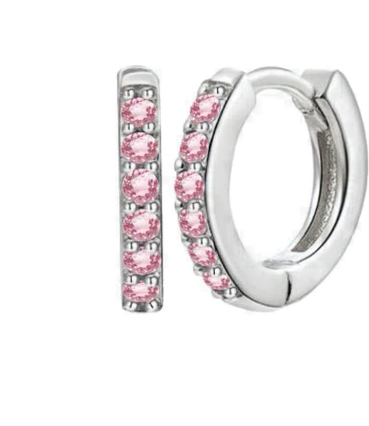 Sterling Silver Pink CZ Dainty Clicker Hoop Earrings