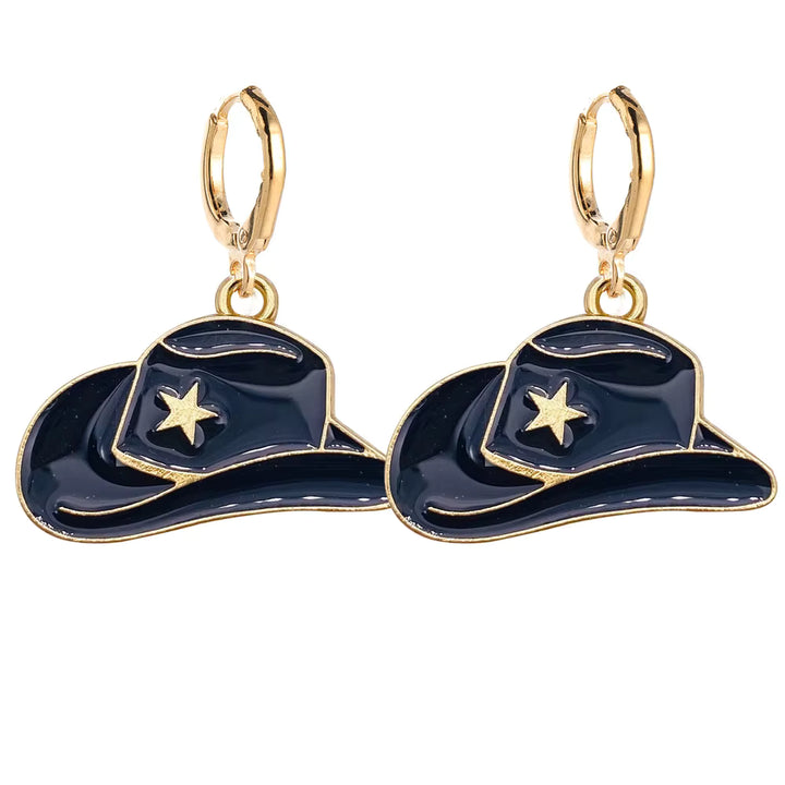 Stainless Steel Gold  Cowgirl Hat Drop Hoop Earrings