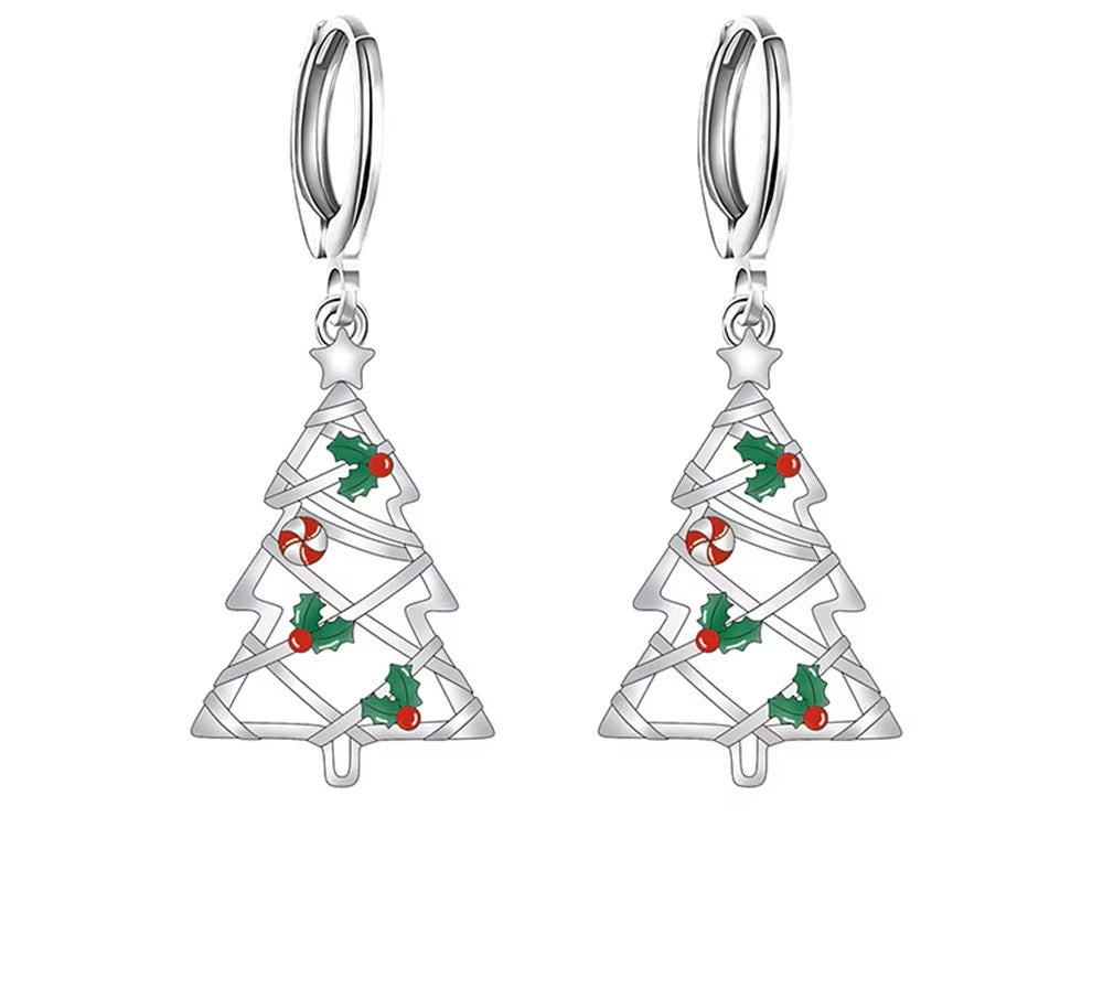 Sterling Silver Drop Christmas Tree Clicker Hoop Earrings