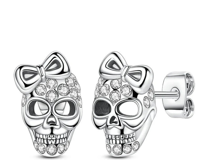 Sterling Silver CZ Cute Skull Ear Studs