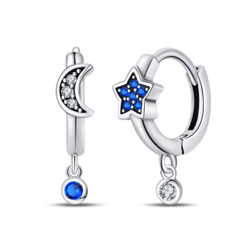 Sterling Silver Moon and Star CZ Drop Clicker Hoop Earrings