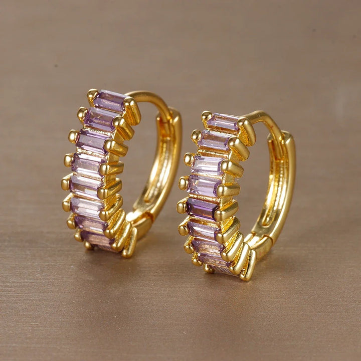 Lilac , Black and Rainbow CZ Chaser Stone Clicker Hoop Earrings