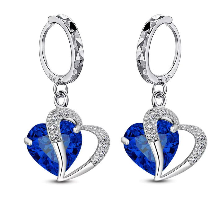 Sterling Silver CZ Heart Drop Hoop Clicker Earrings