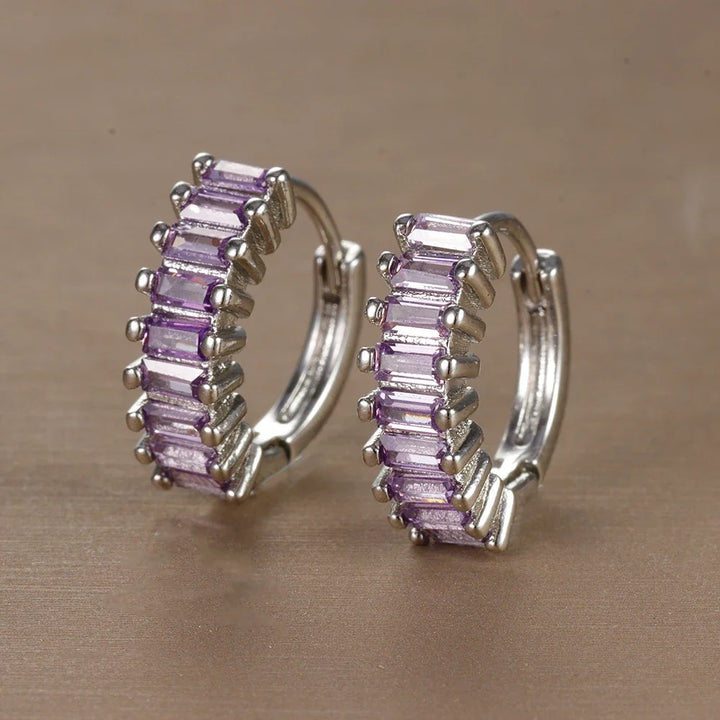 Lilac , Black and Rainbow CZ Chaser Stone Clicker Hoop Earrings